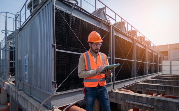 man in safety vest in front of cooling tower