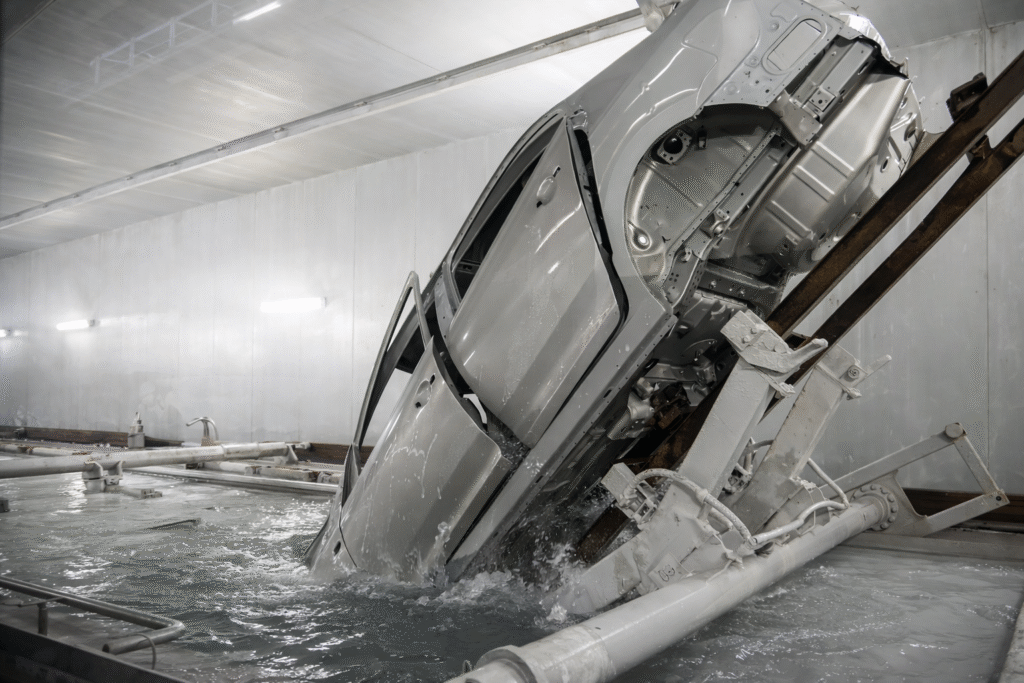vehicle being immerses in water-based bath for e-coating