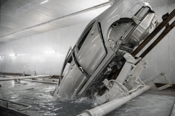 vehicle being immerses in water-based bath for e-coating