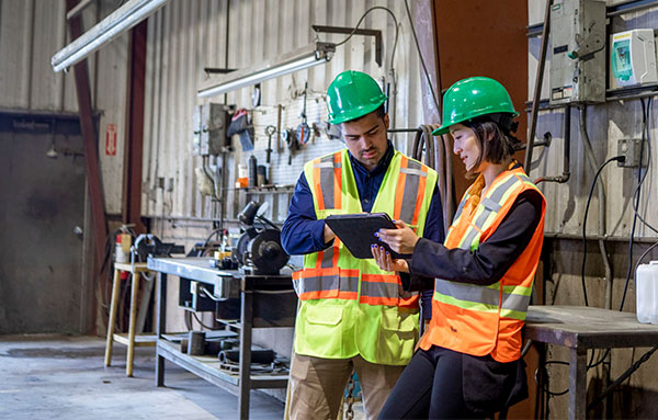 Workers reviewing test results in a processing facility.